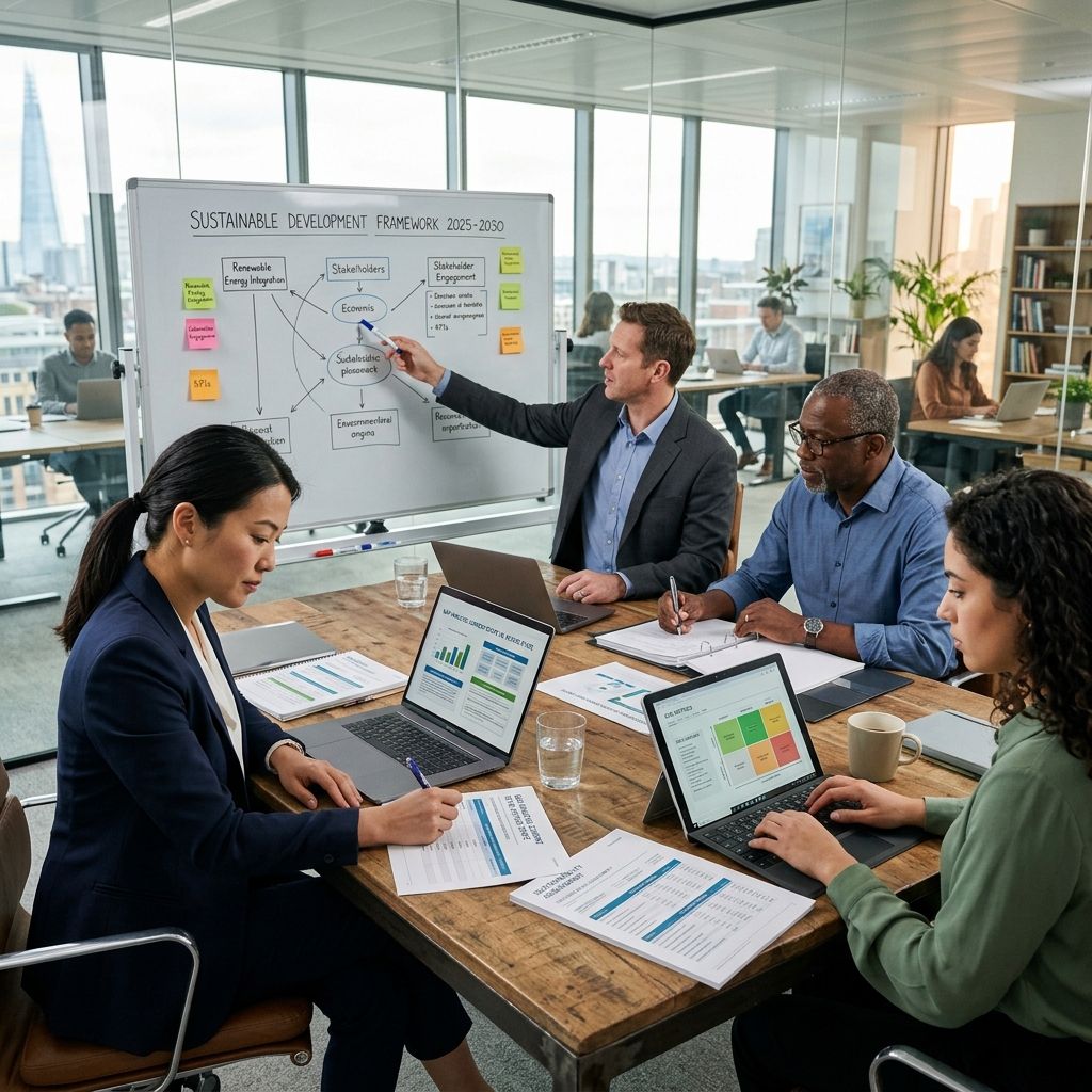 Consultants crafting gap analyses and sustainable development frameworks in a modern office.