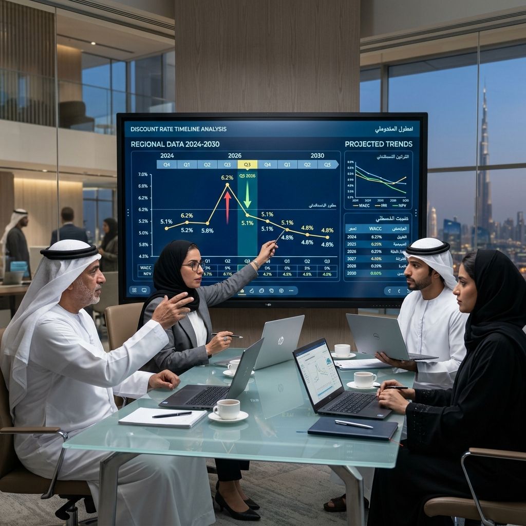 A GCC finance team decoding discount rate timelines on an interactive financial dashboard.