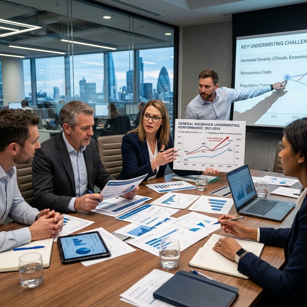 Corporate strategists discussing mounting general insurance underwriting challenges over financial charts.