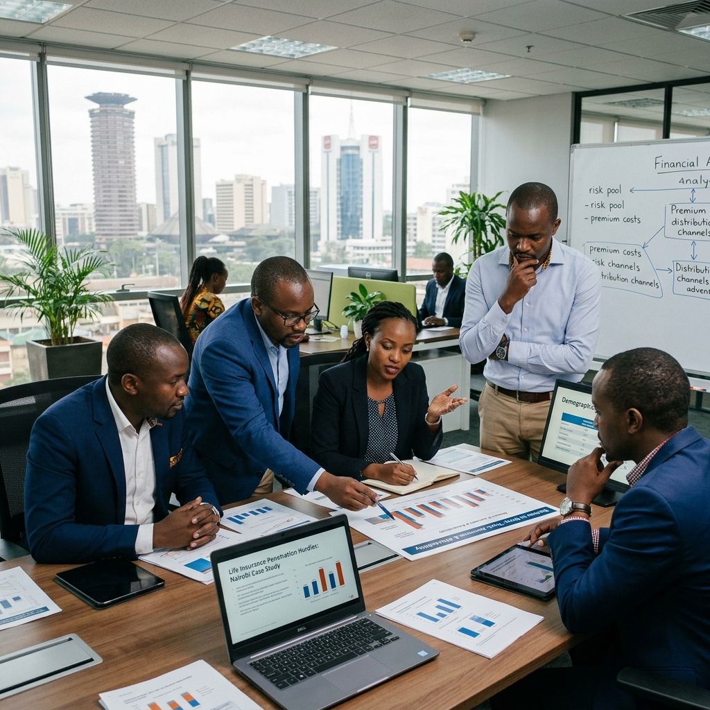 East African financial consultants analyzing life insurance penetration hurdles in Nairobi.