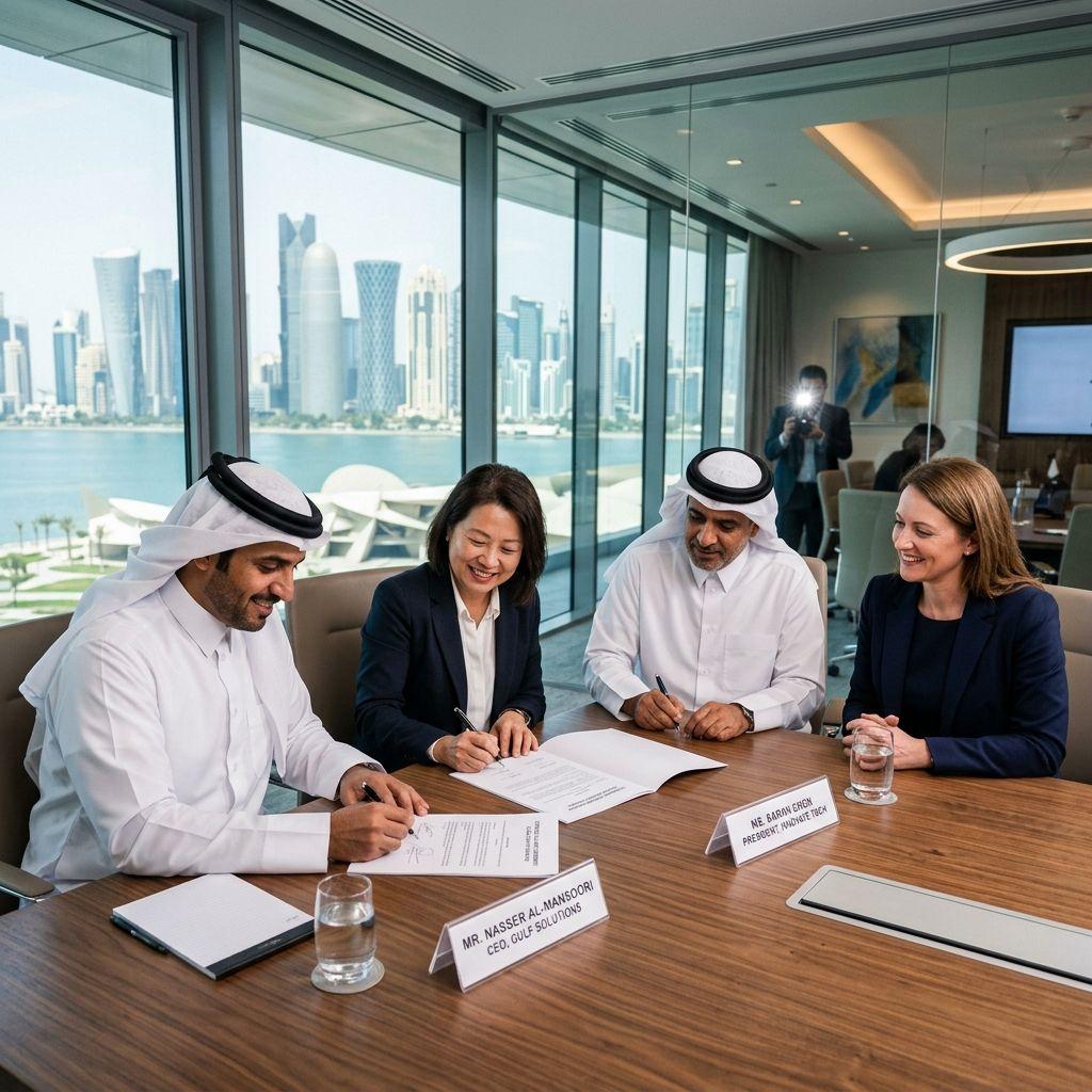 Executives signing a strategic alliance document in a modern Gulf office.