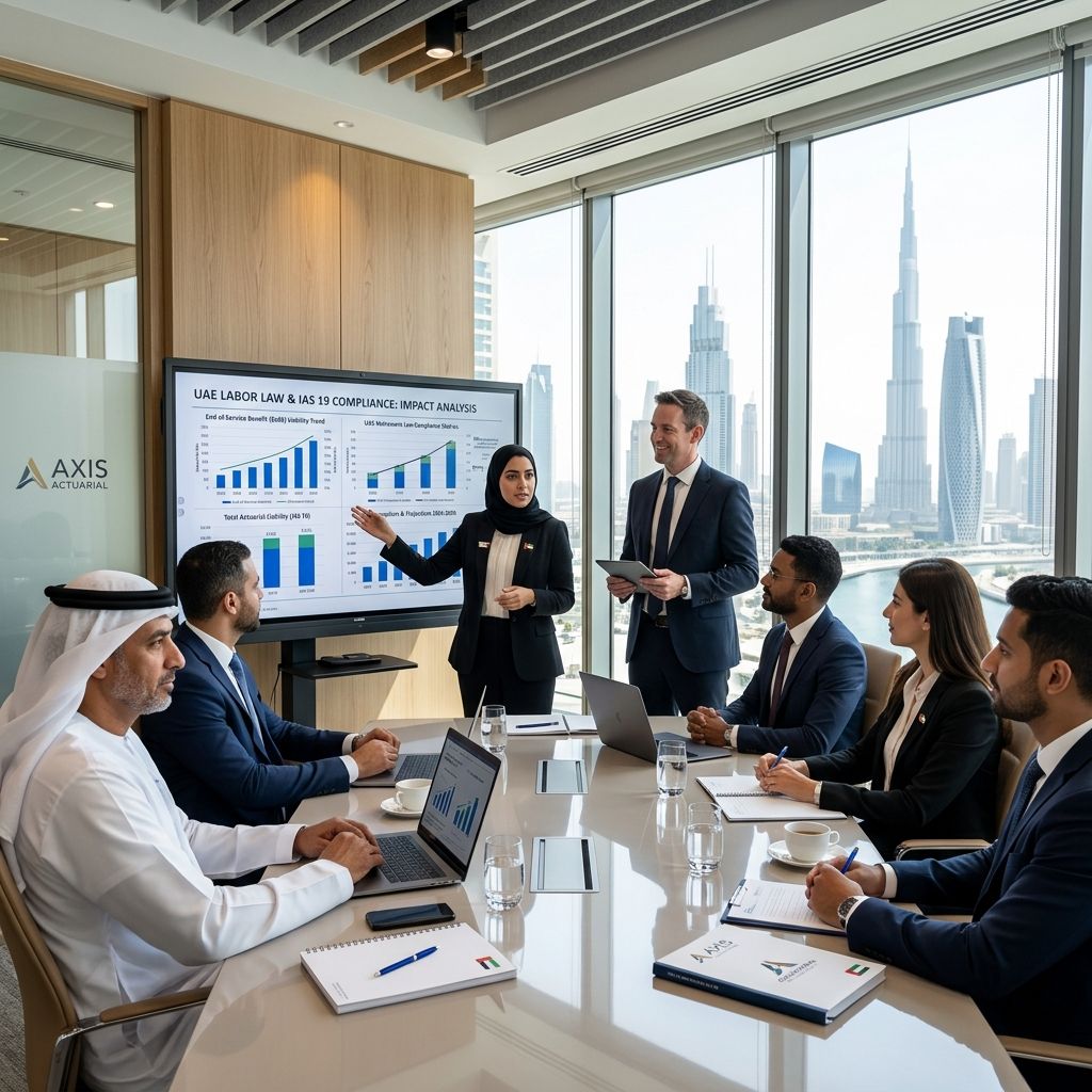 Actuaries specializing in UAE labor law and IAS 19 compliance presenting complex data.