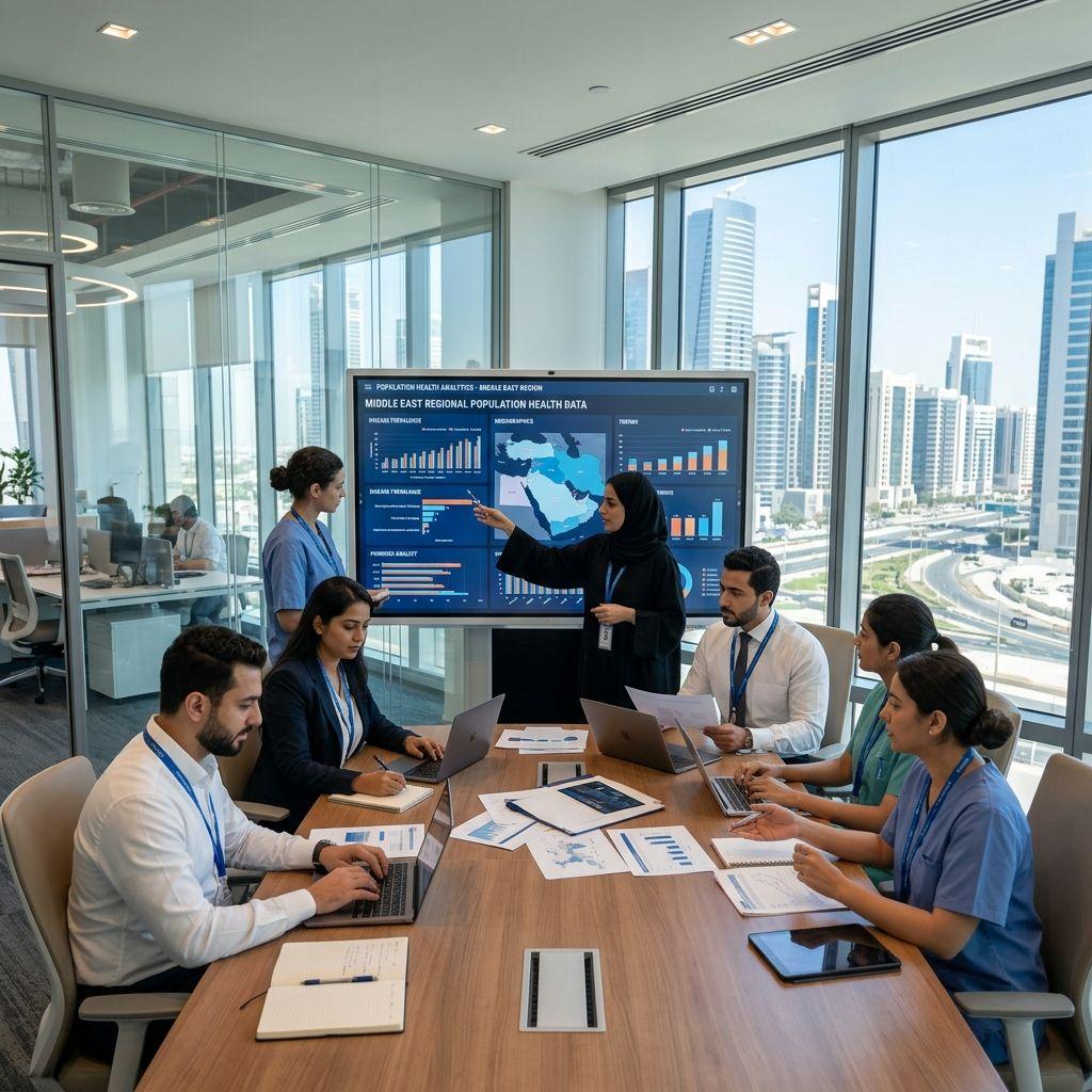 Professionals analyzing population health data in a modern office.