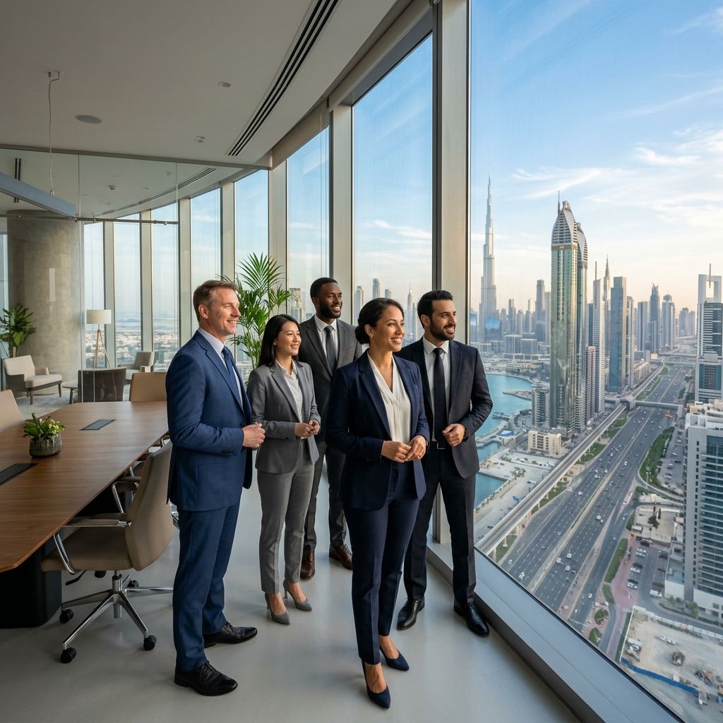 Financial professionals looking confidently toward the Dubai skyline.
