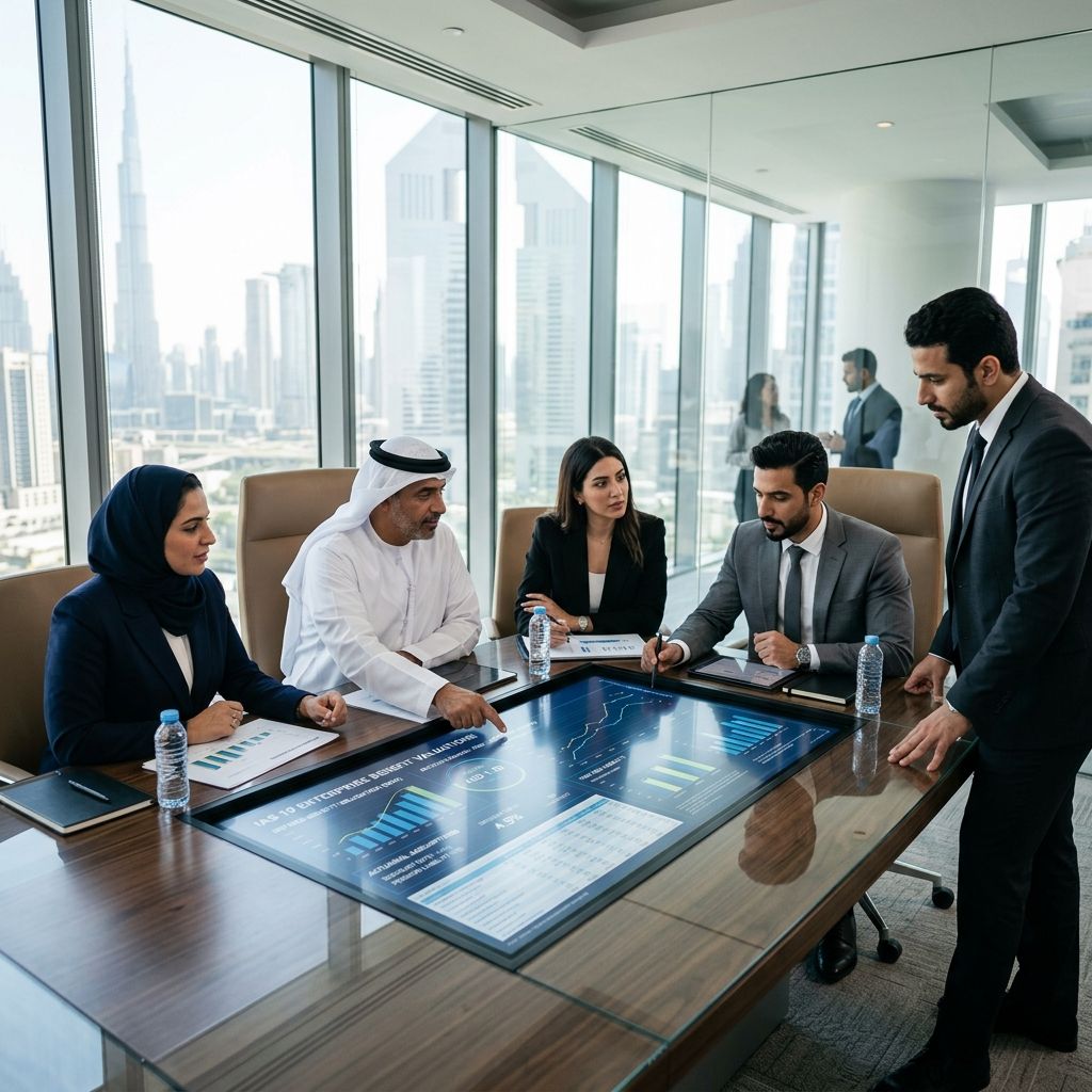 Financial analysts reviewing IAS 19 enterprise benefit valuations on a digital boardroom table.