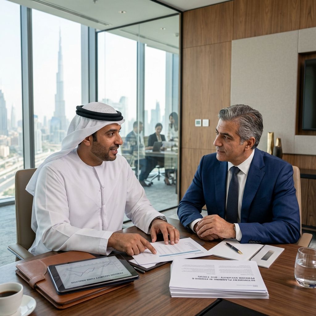 A modern GCC financial advisor discussing pension security with an executive.