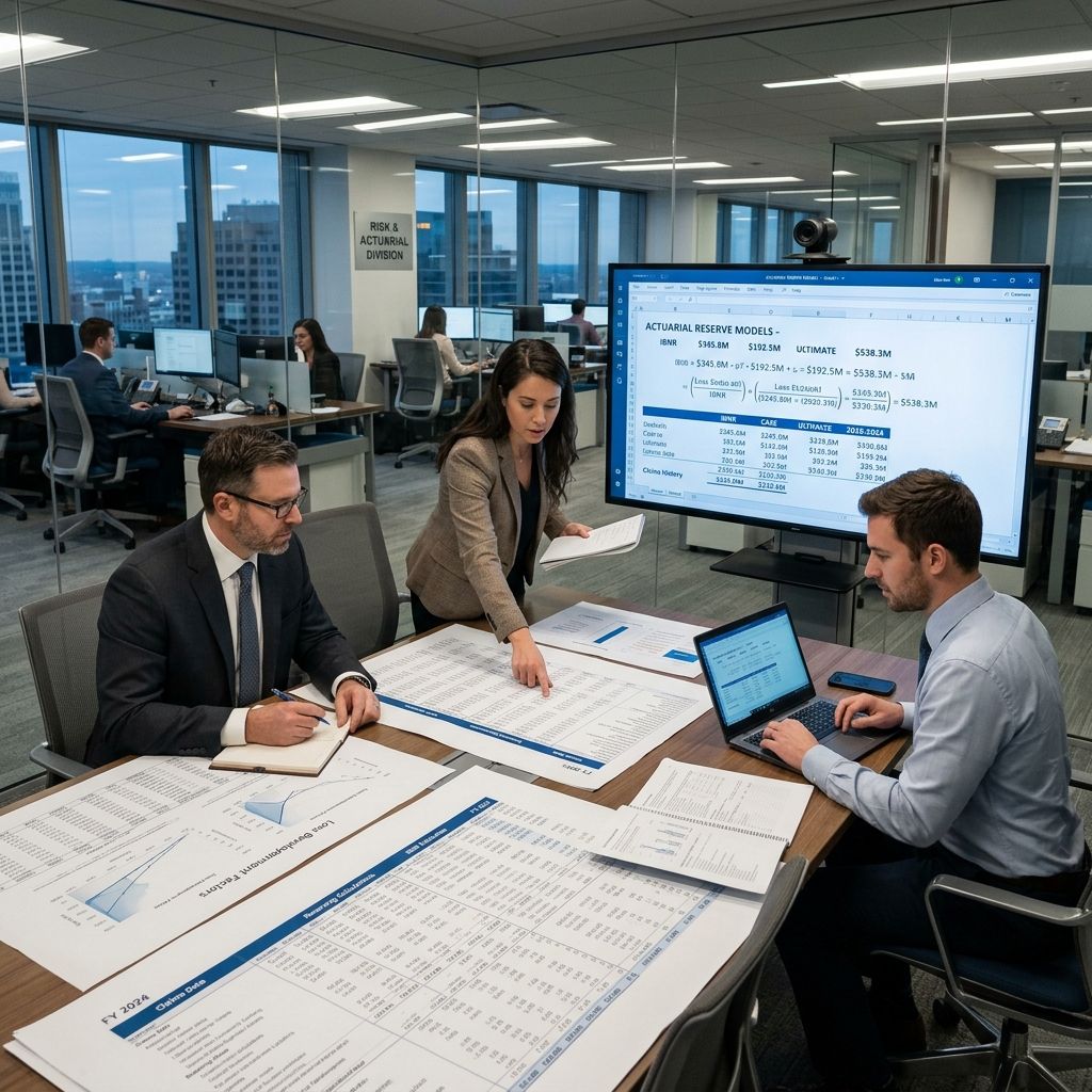 Actuaries reviewing massive data sheets and reserving numbers on screens.