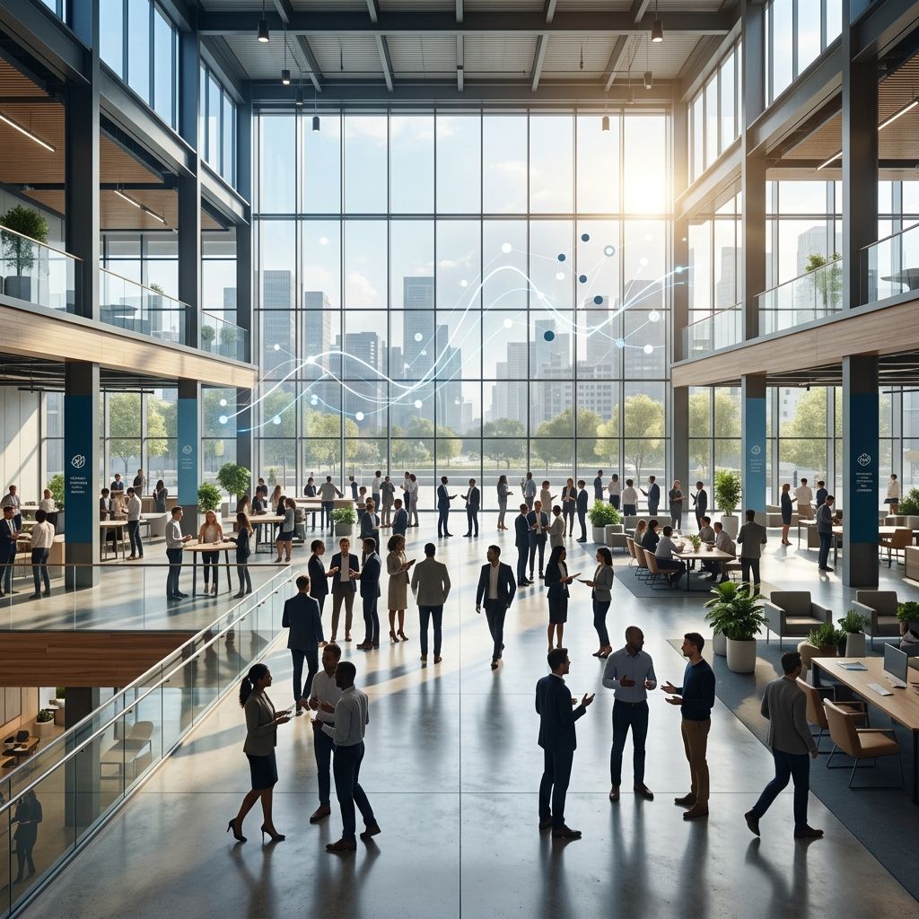 Silhouette of over 120 actuaries and consultants collaborating in a bright, sunlit modern office plaza with abstract data curves, representing the team depth of the largest actuarial firm in Africa and the Middle East