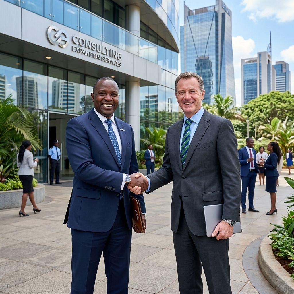 Executives warmly shaking hands outside a modern Nairobi office building.