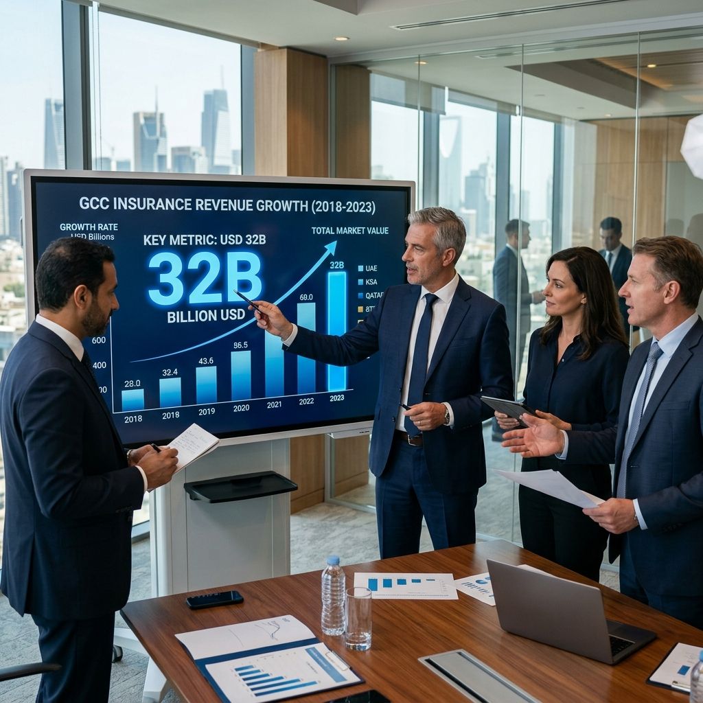 Finance chiefs analyzing GCC insurance revenue growth charts highlighting 32 billion USD metrics.
