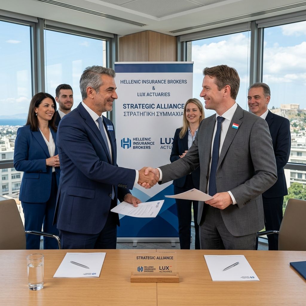 Greek insurance brokers and Lux actuaries shaking hands.