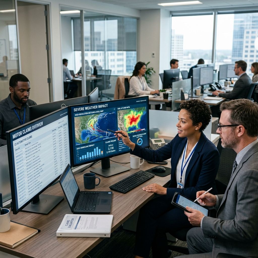 Insurance claims adjusters evaluating severe weather impact data and motor claims on analytics screens.