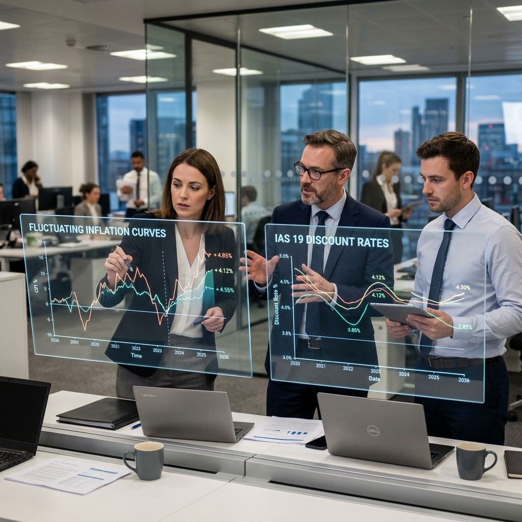 Financial analysts examining fluctuating inflation curves and IAS 19 discount rates on transparent screens.