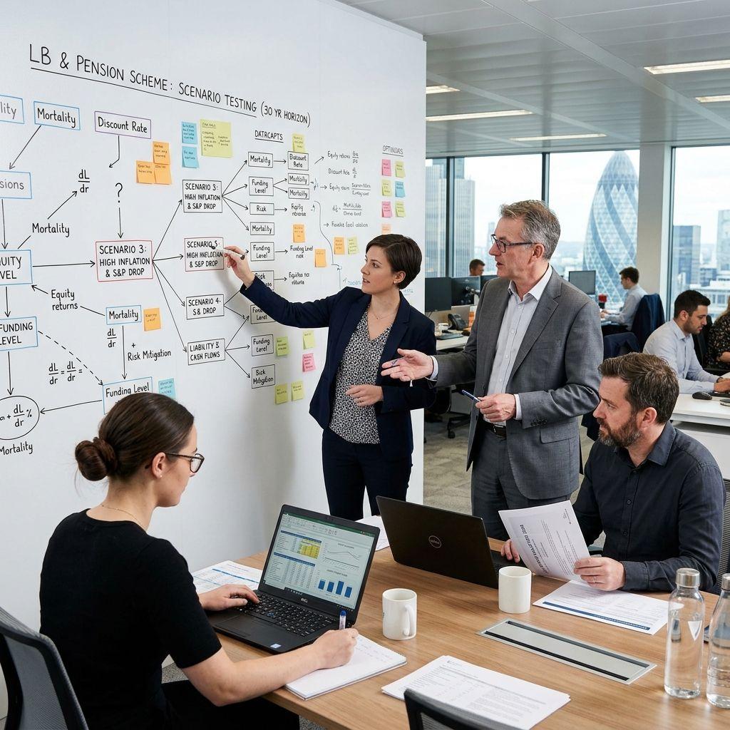 Actuaries mapping complex scenario testing for long-term Employee Benefit schemes.