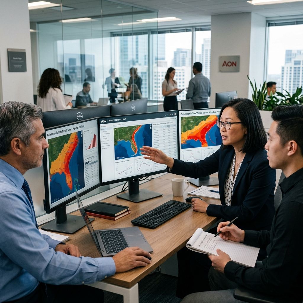 Actuaries pricing severe weather-related risks using catastrophic risk modeling software.
