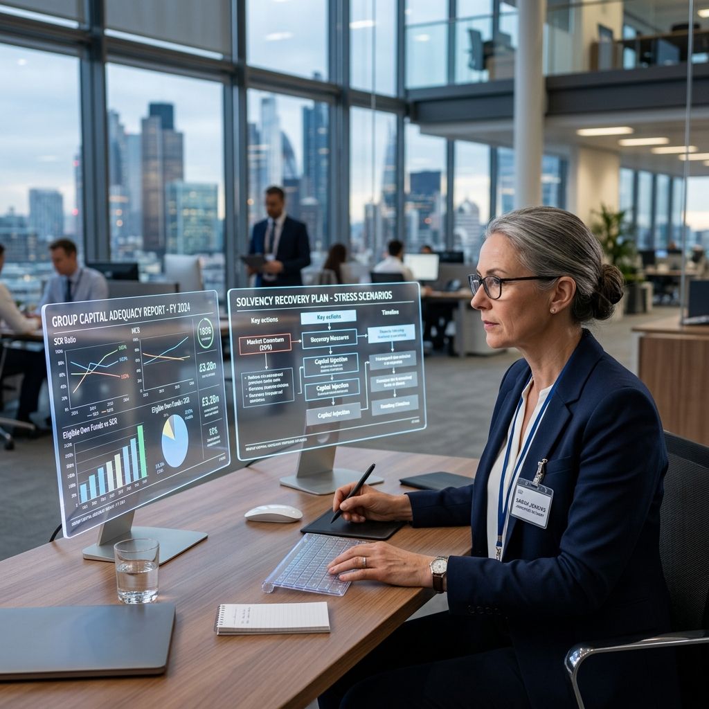 An Appointed Actuary reviewing capital adequacy and solvency recovery plans on transparent monitors.