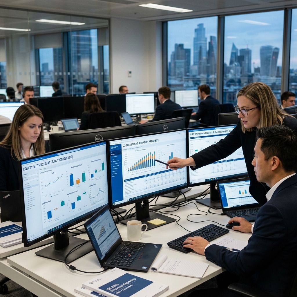 Financial experts tracking Q3 2023 IFRS 17 adoption and equity metrics on multi-monitor setups.