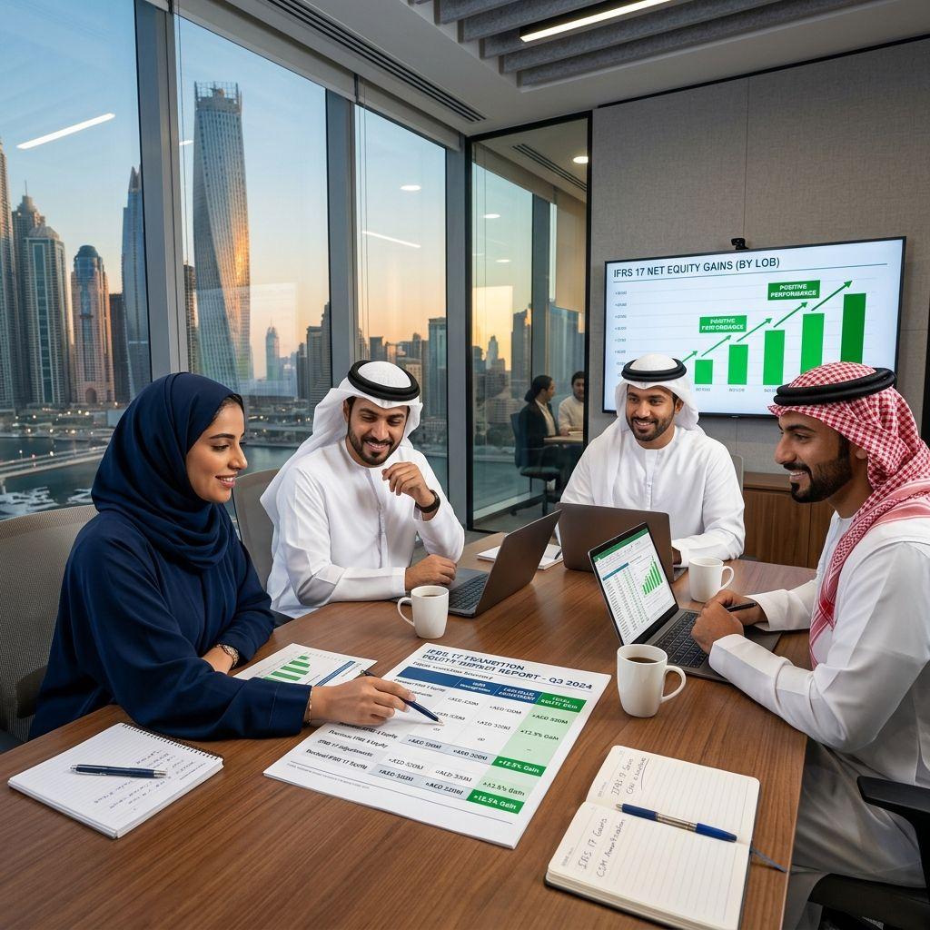 GCC financial analysts reviewing transitioning IFRS 17 equity reports showing favorable gains.
