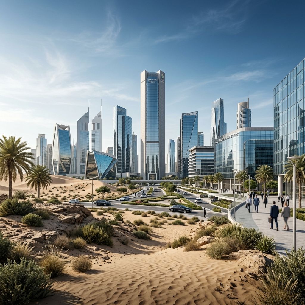 Modern skyline representing the MEA and GCC business landscape where Lux Actuaries provides consulting.
