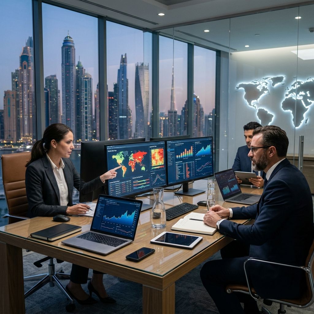 Financial analysts reviewing global geopolitical risk data and pension fund metrics in a modern corporate office.