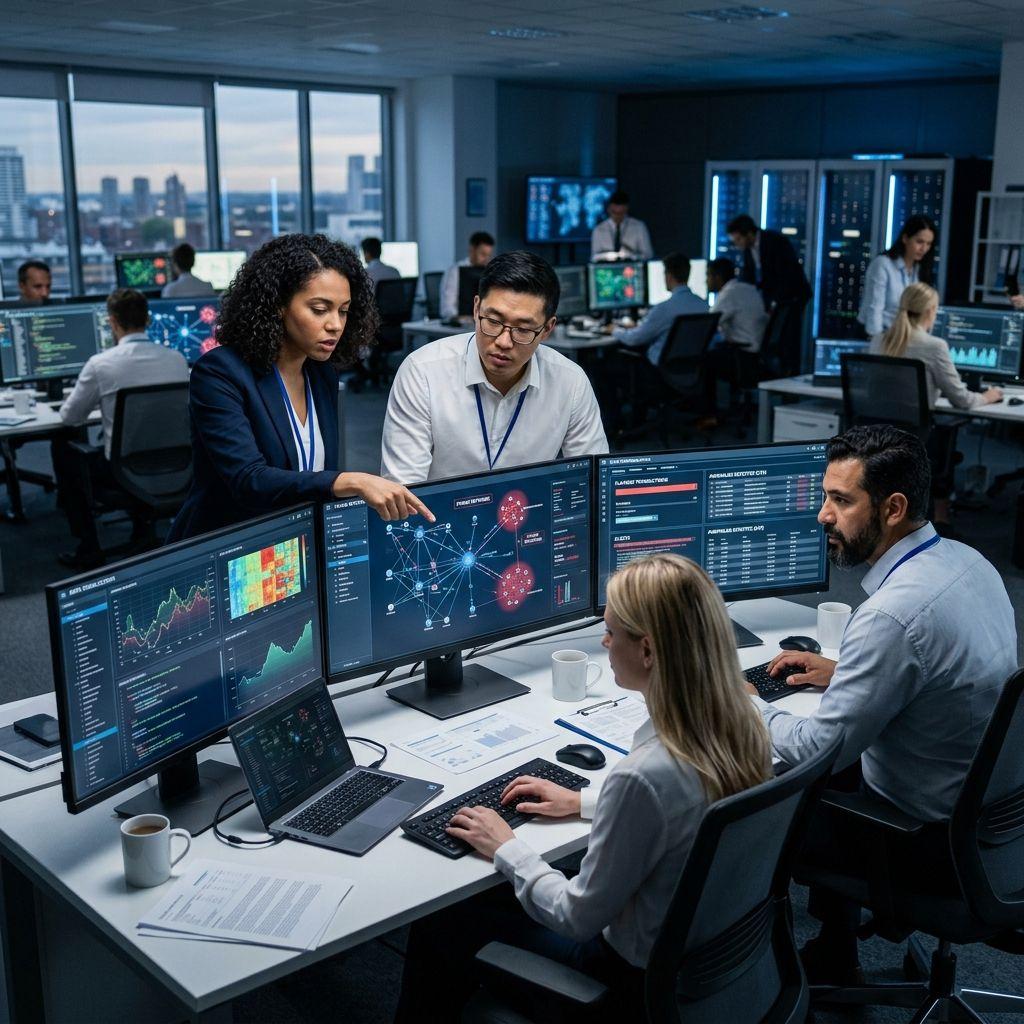 Analysts identifying data anomalies and fraud networks on advanced computer systems.