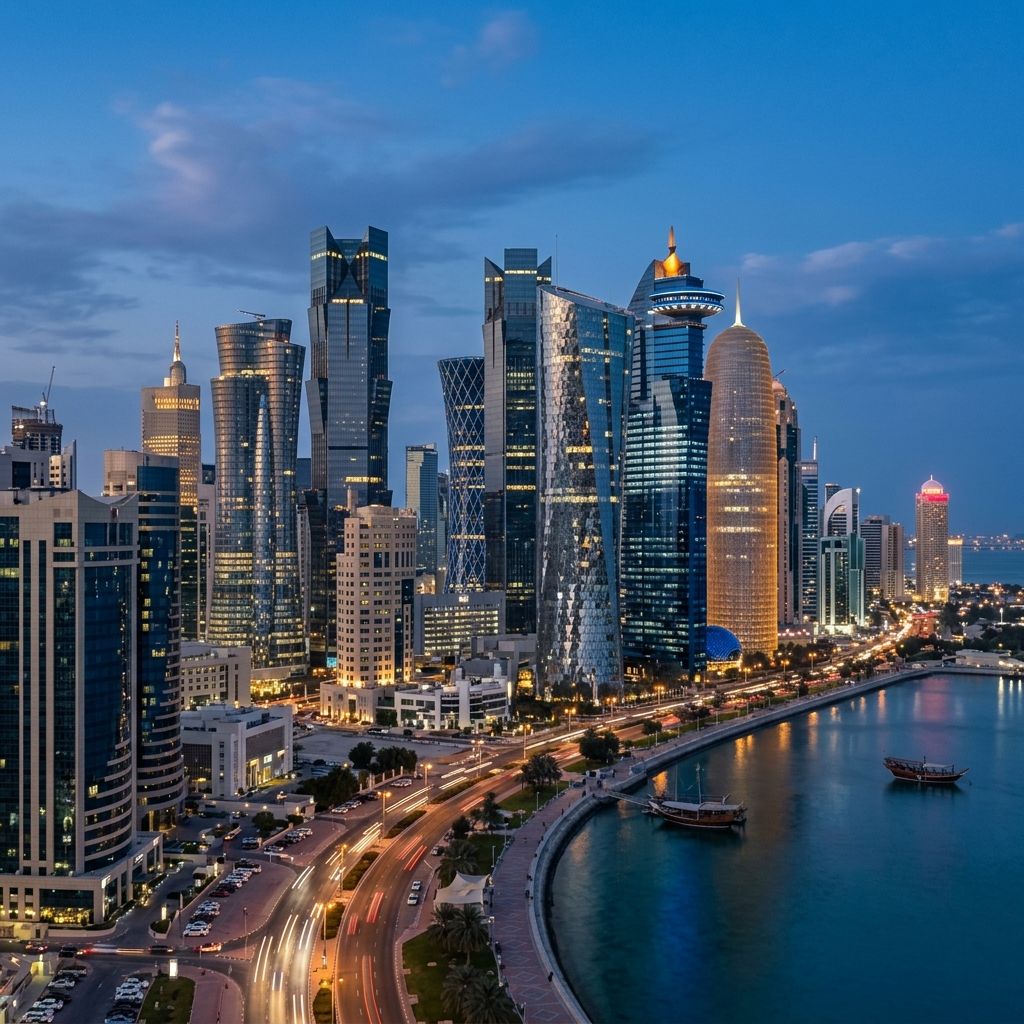 The modern West Bay skyline in Doha, Qatar, where Lux Actuaries consults for leading insurers.