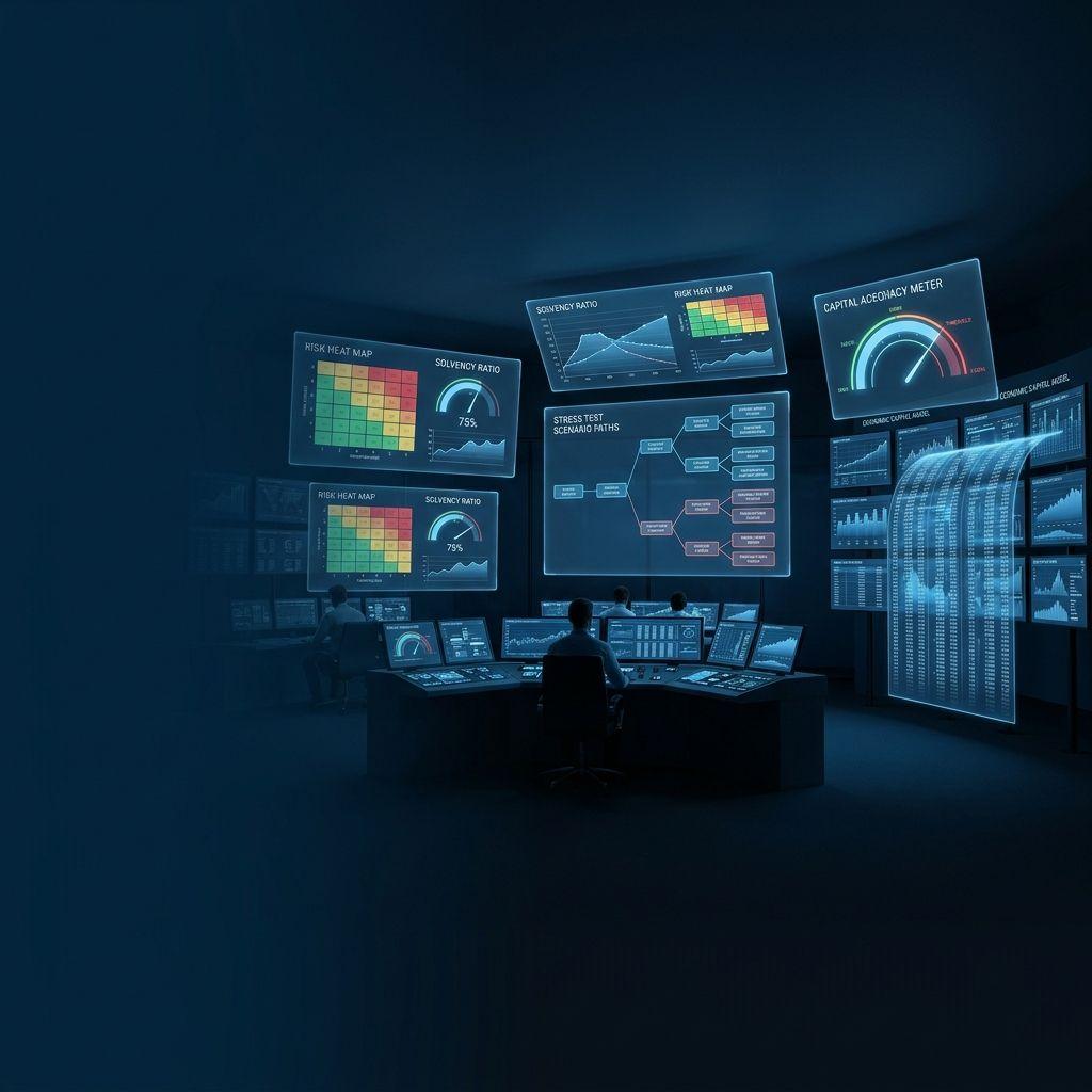 Abstract risk heat maps and solvency gauges in a control room