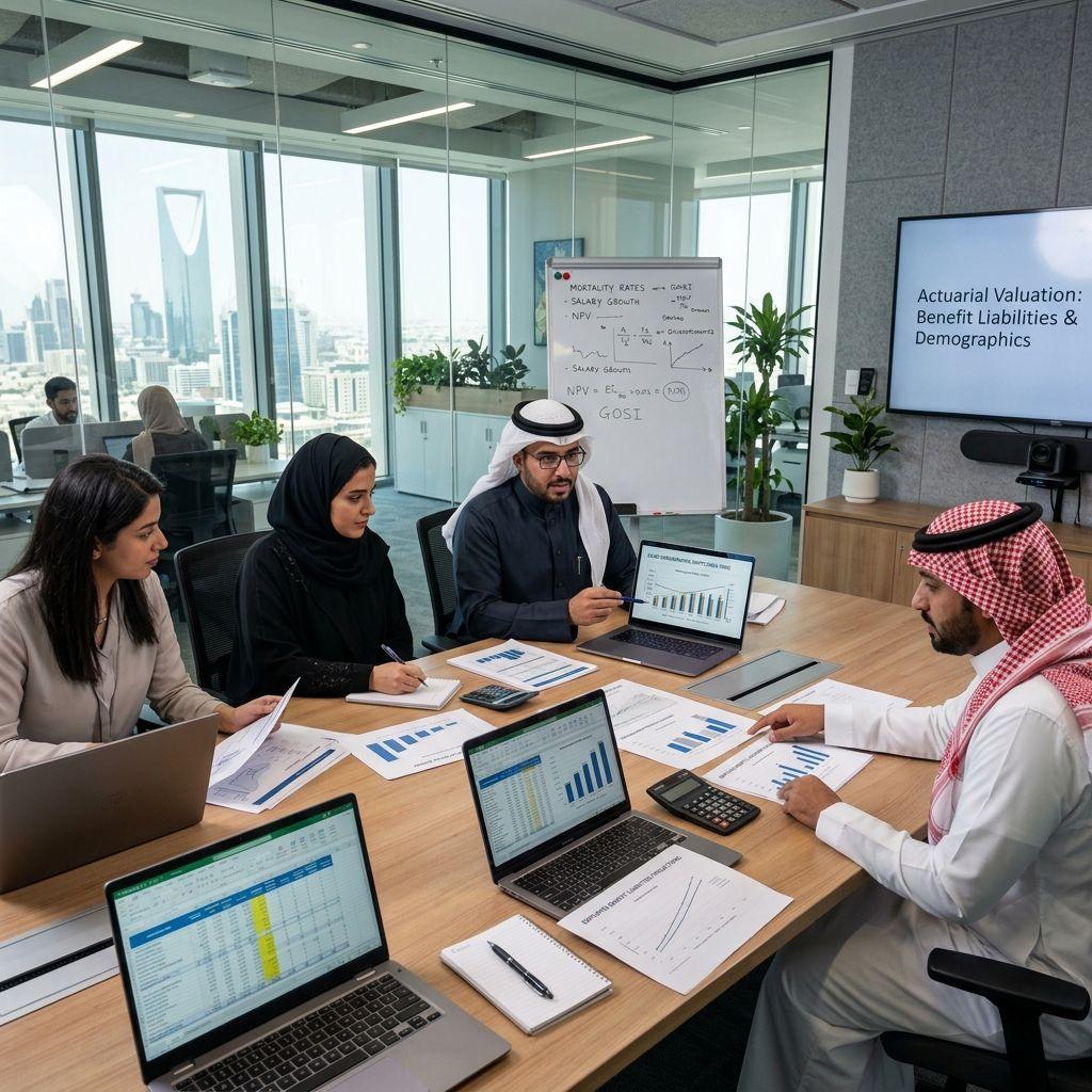 Saudi enterprise accountants estimating demographic shifts and employee benefit liabilities.