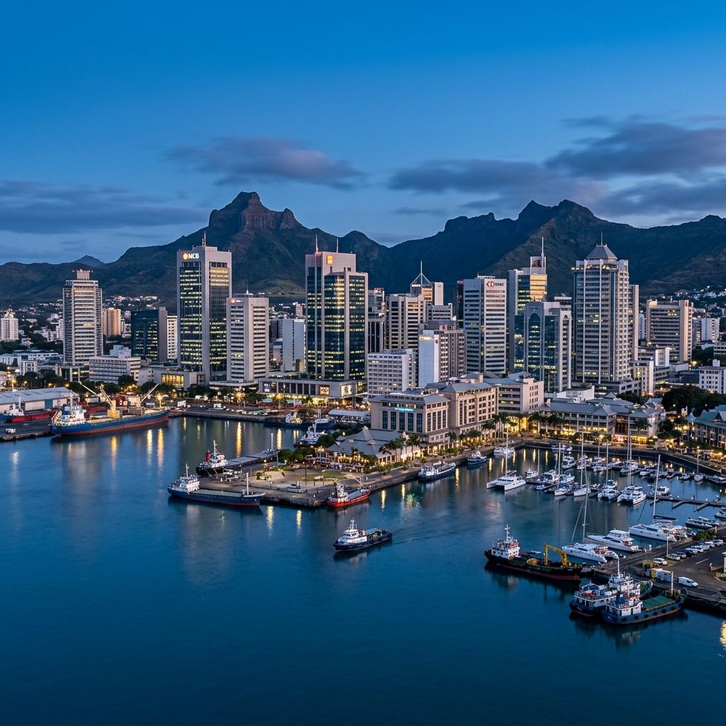 Port Louis skyline in Mauritius, a major offshore financial center supported by Lux Actuaries.