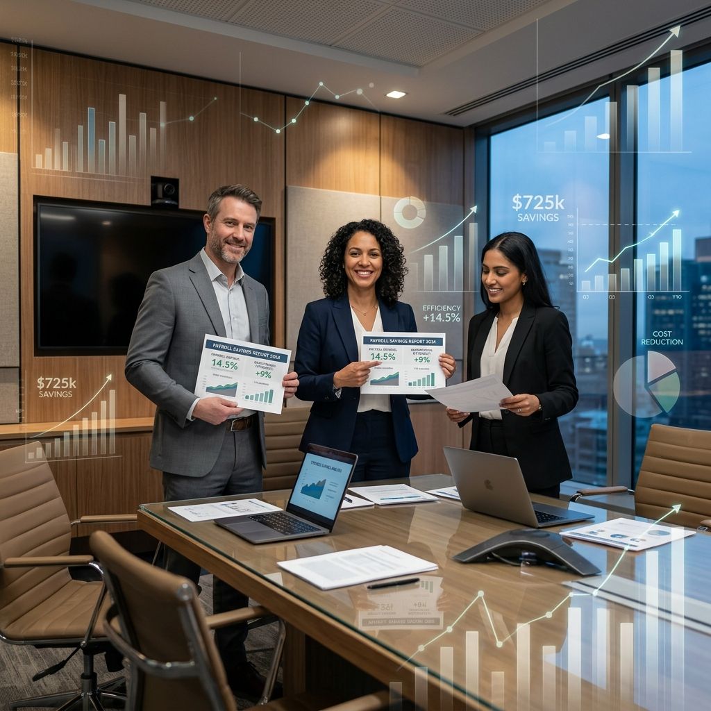 Accountants holding financial reports showing payroll savings.