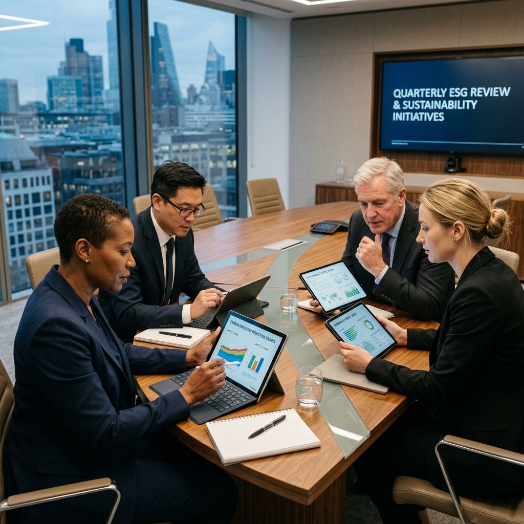 Corporate leaders reviewing ESG sustainability criteria and environmental reports on tablets.