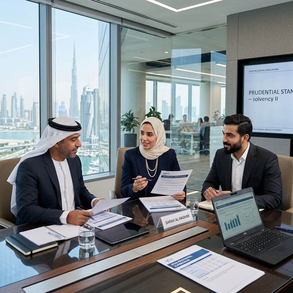 Confident Middle Eastern actuaries discussing prudential regulations.