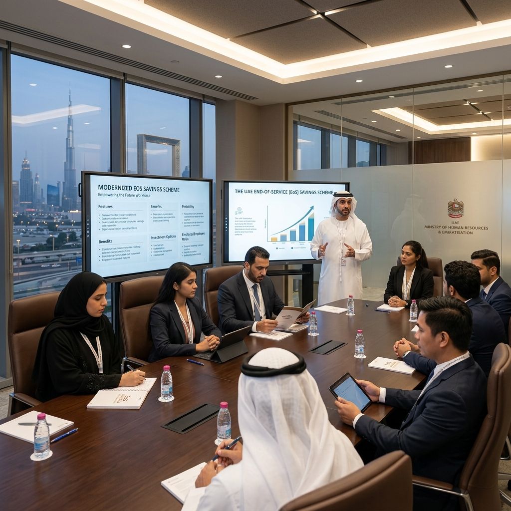 UAE workforce representatives learning about a modernized End-of-Service savings scheme in a polished boardroom.
