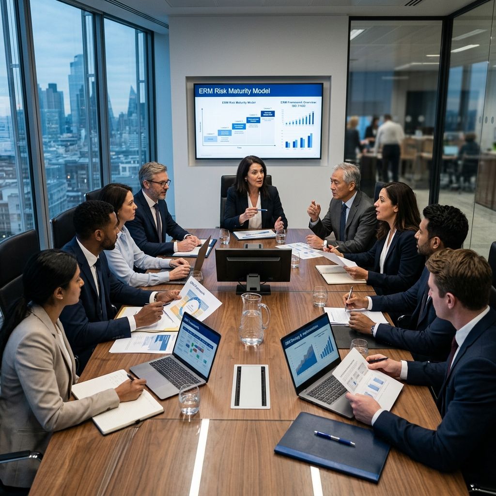 An engaged corporate board actively discussing ERM frameworks.