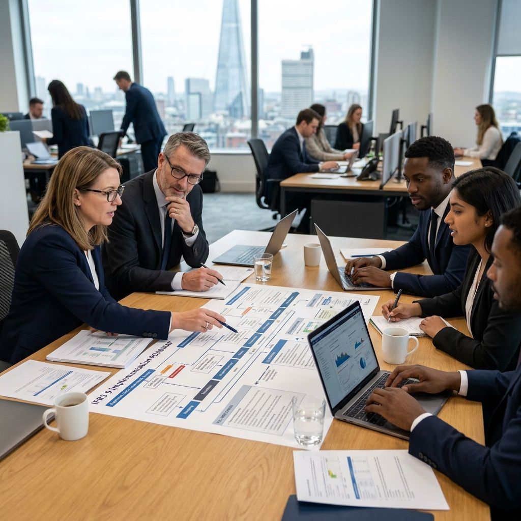 Financial consultants reviewing complex IFRS implementation roadmaps.