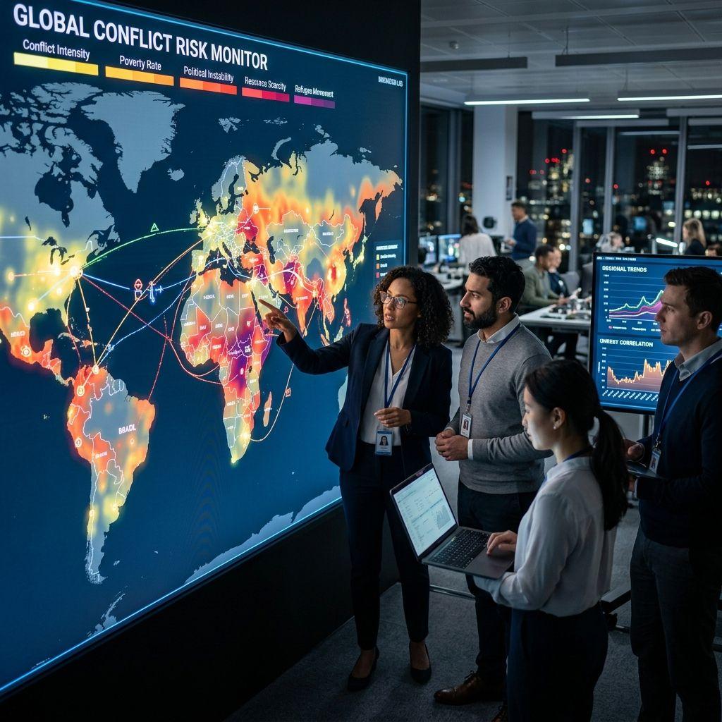 Data scientists analyzing socio-economic conflict indicators on a glowing global map.