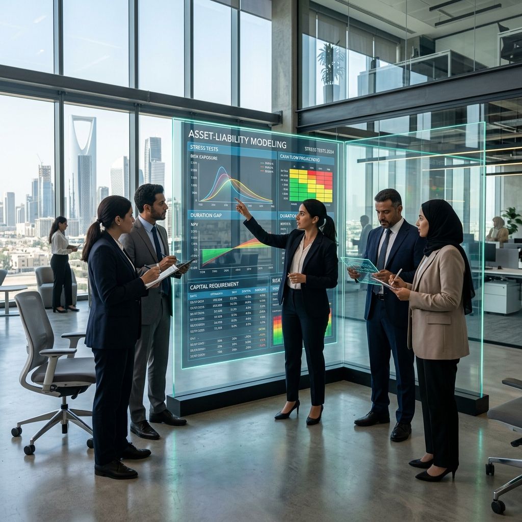 Financial actuaries modeling asset liability risk on dynamic glass screens.