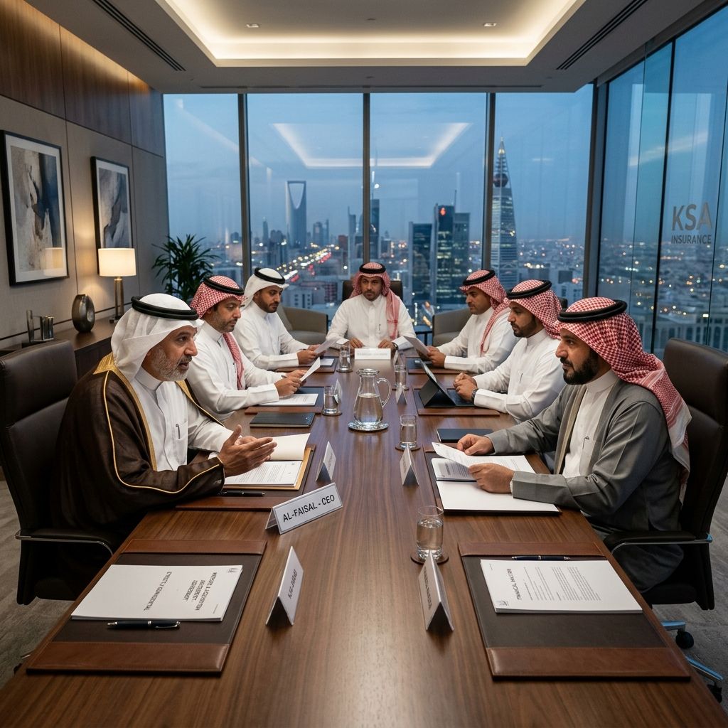 M&A negotiations between KSA insurance executives in a modern boardroom.