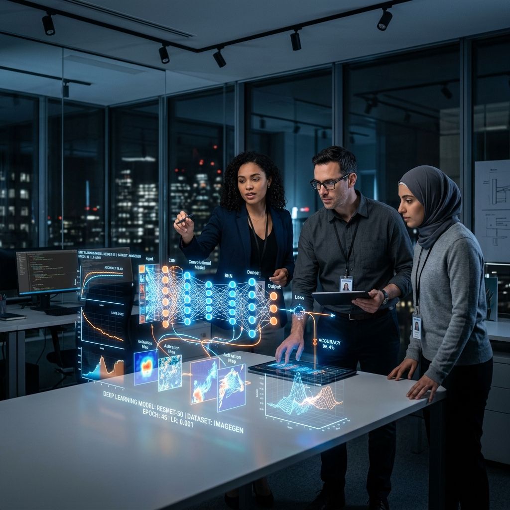 Data scientists visualizing deep learning models on holographic screens.