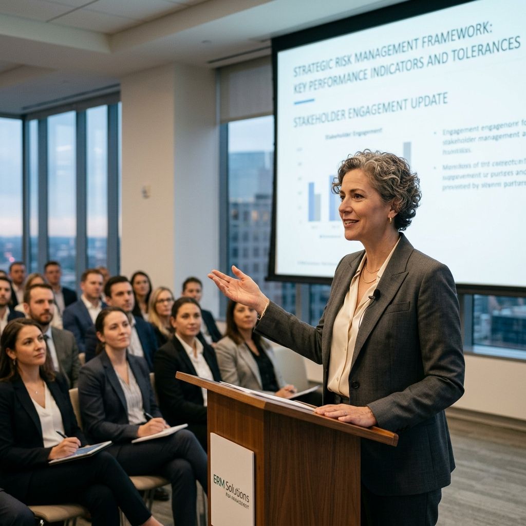 An executive confidently providing stakeholder communication within an Enterprise Risk Management framework.