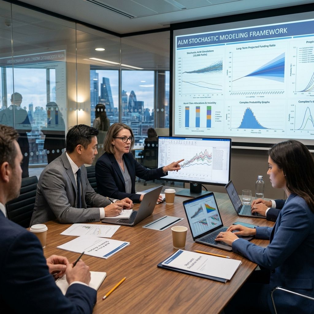 Institutional investors analyzing sophisticated stochastic modeling for long-term Asset-Liability Management.