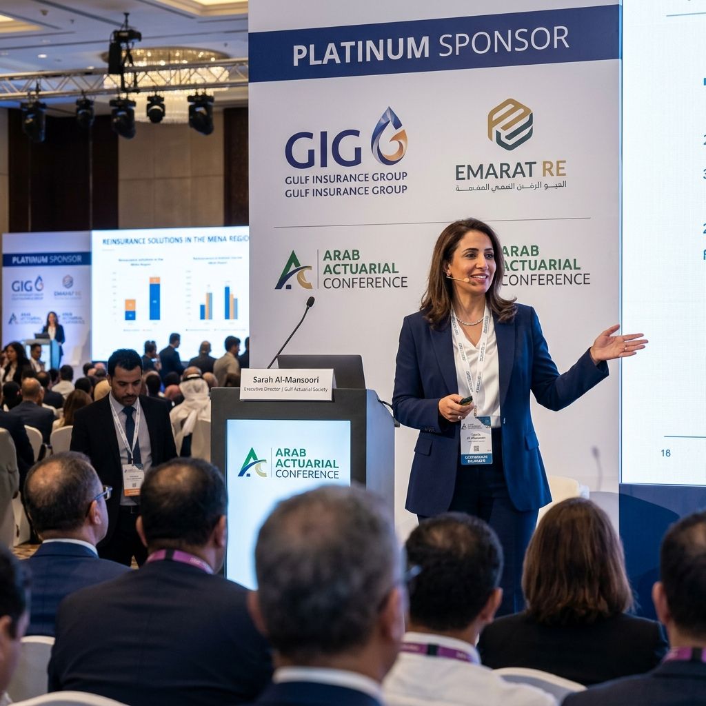 Executives presenting proudly under platinum sponsorship banners at an Arab actuarial conference.