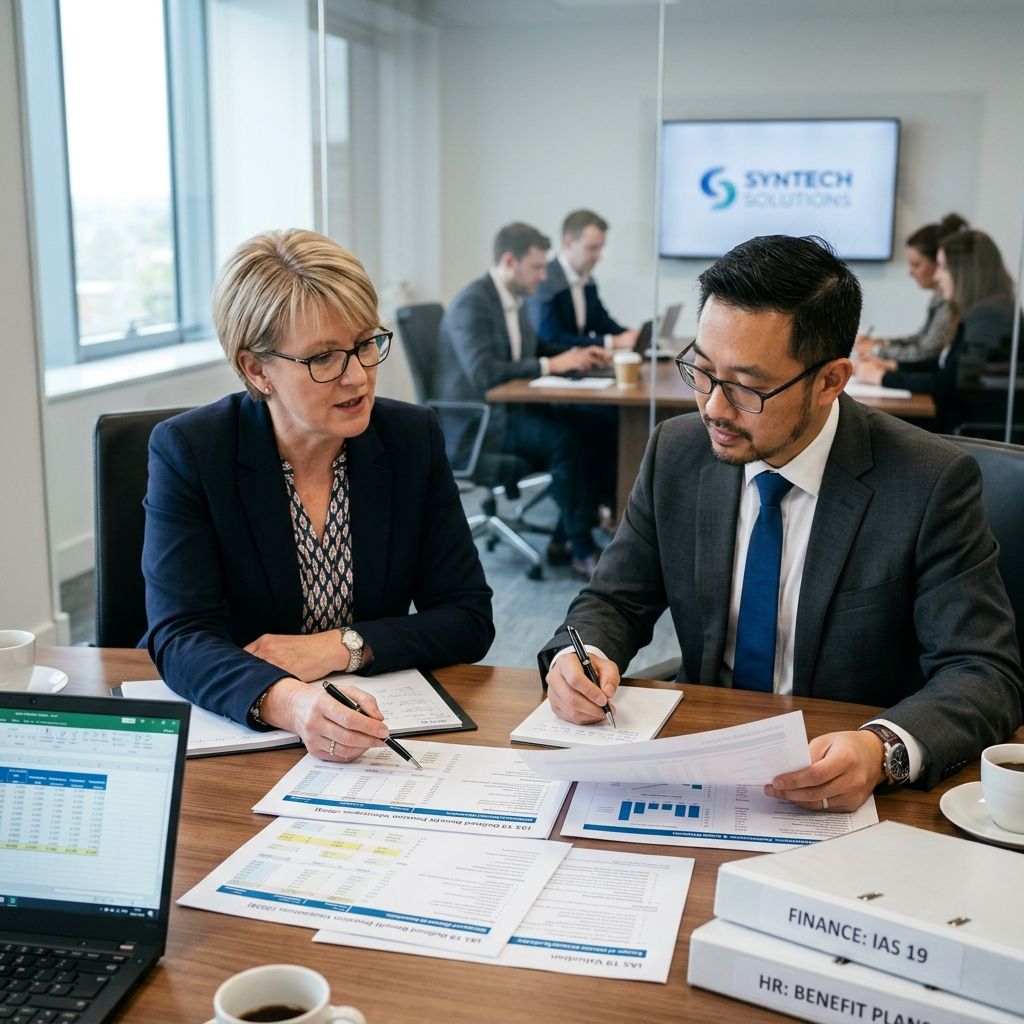 HR and finance directors collaborating on accurate IAS 19 valuation scopes over detailed paperwork.