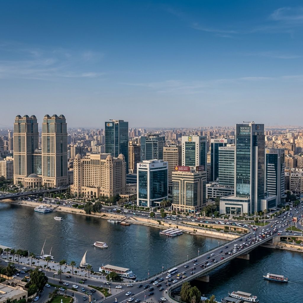 The modern Cairo skyline, Egypt, representing active and modern financial markets supported by Lux Actuaries.