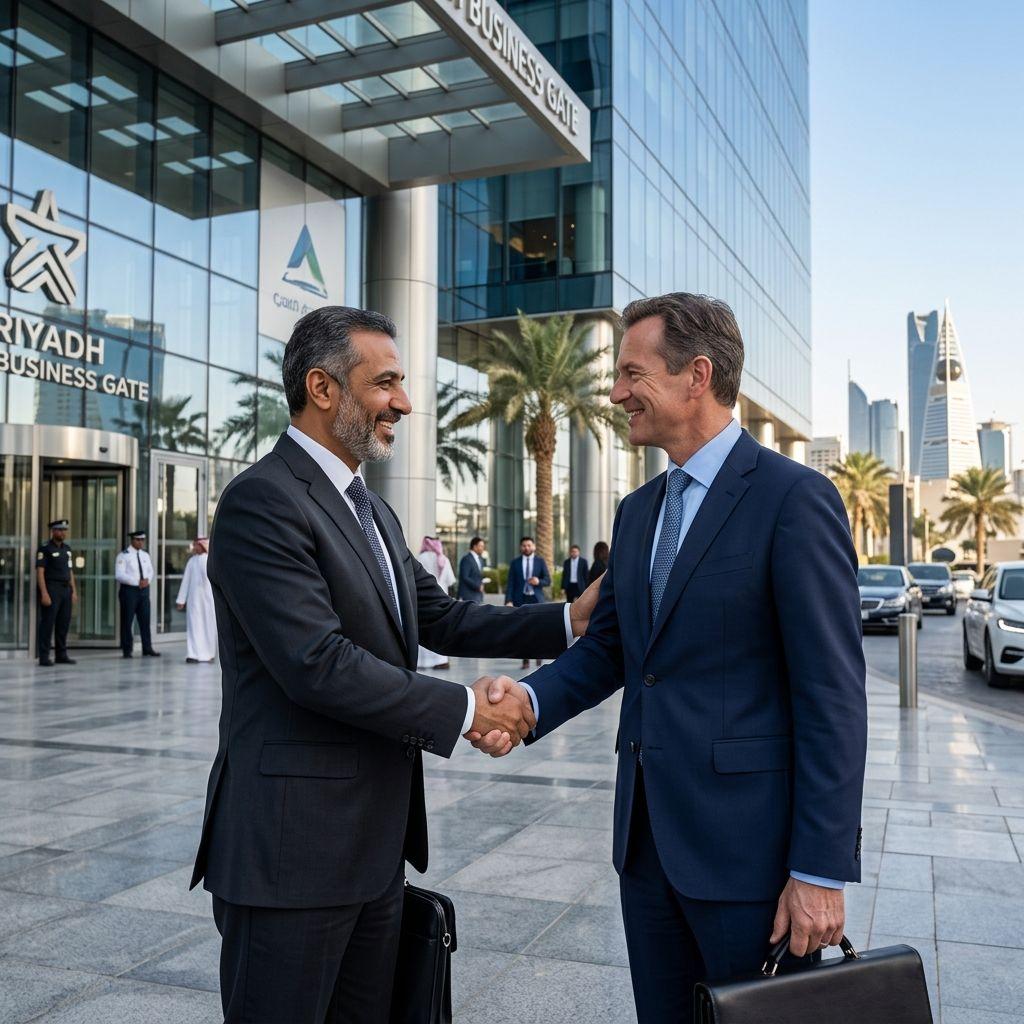 Executives warmly shaking hands outside a modern Riyadh office building.
