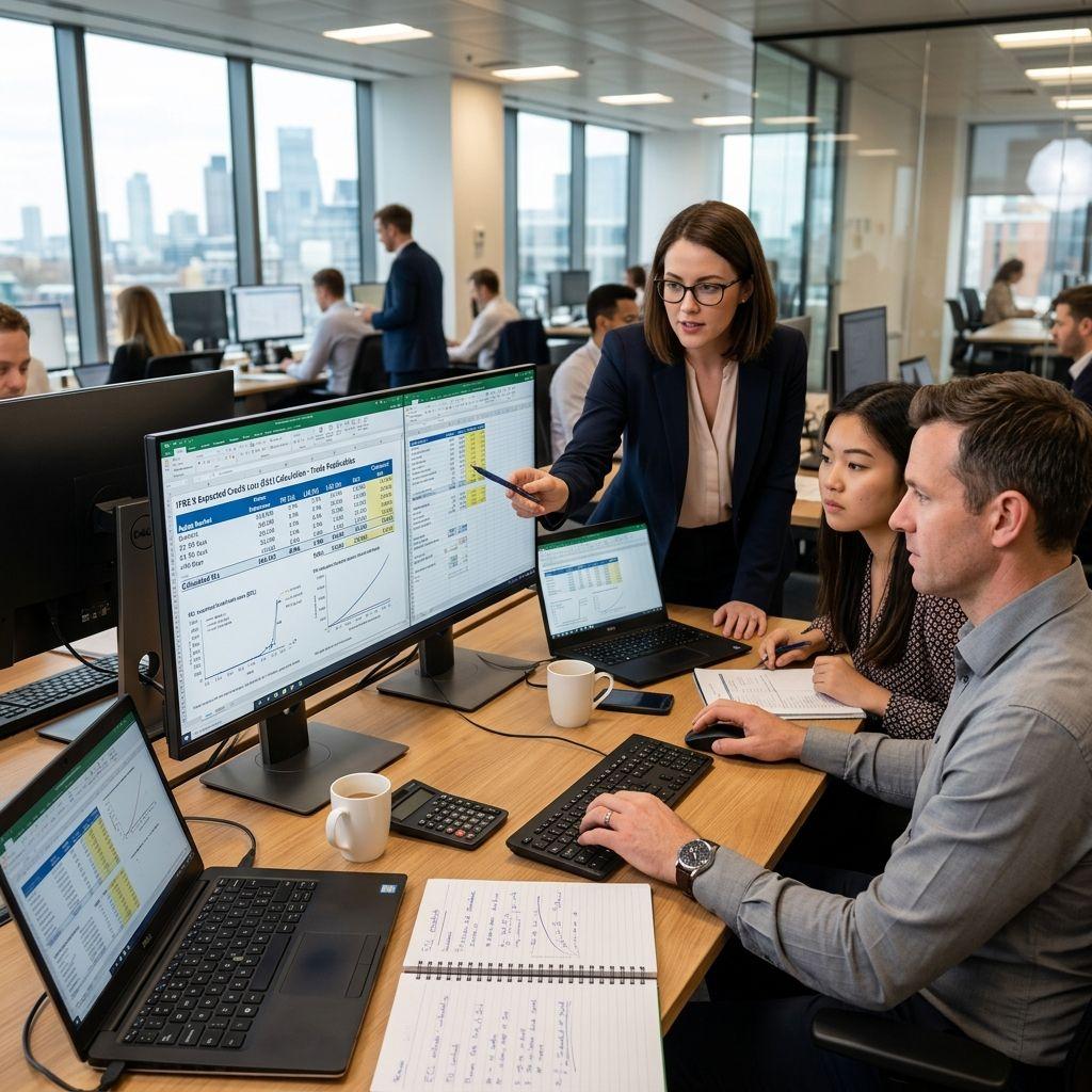 Accountants calculating Expected Credit Losses for Trade Receivables under IFRS 9 on digital screens.