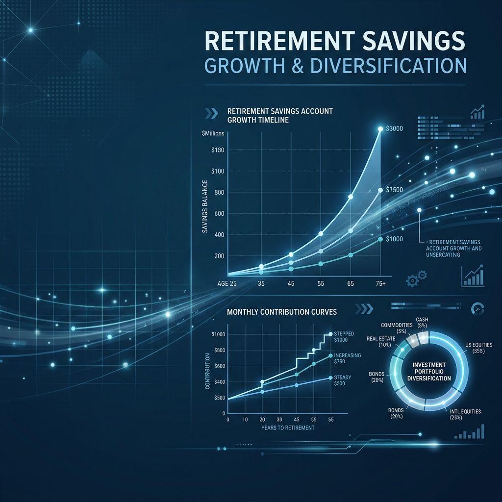 Abstract retirement savings growth timeline, monthly contribution curves, and investment portfolio diversification chart in brand blue colors