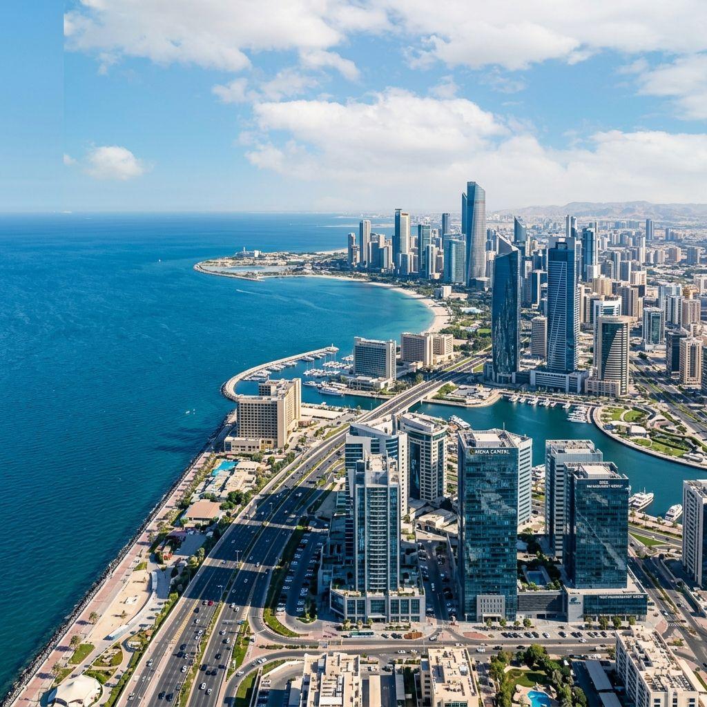 Modern coastal metropolis representing the broader MENA region's financial stability and risk management.