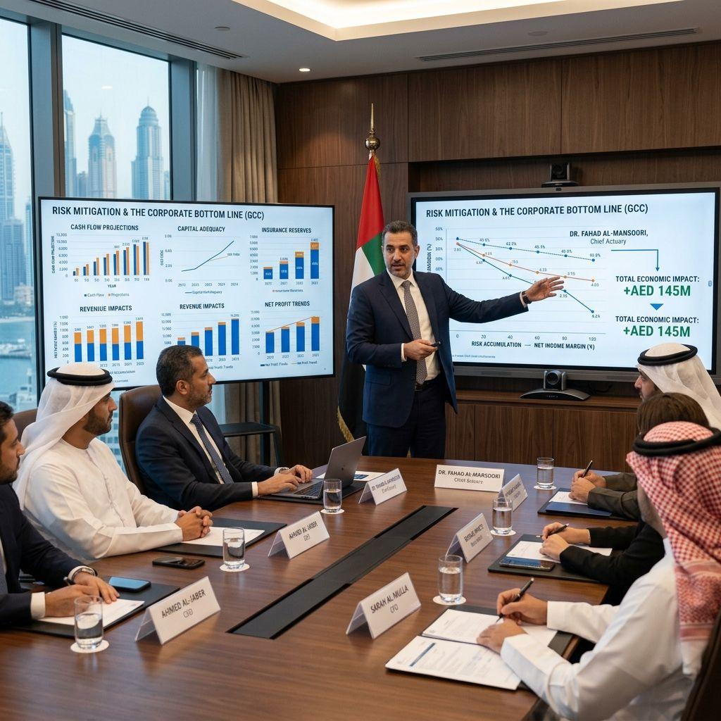 A statutory actuary presenting a GCC boardroom with complex risk calculations.