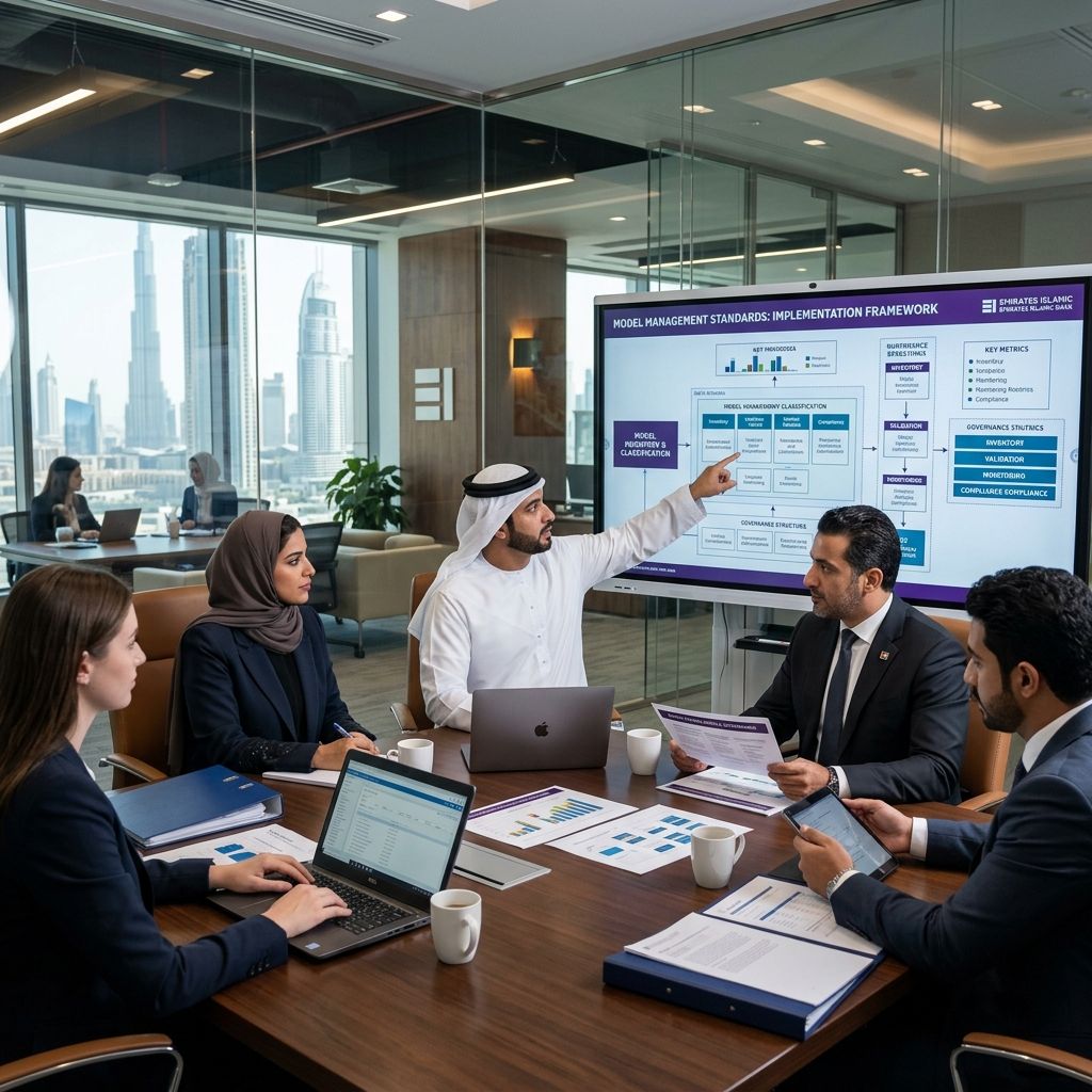 UAE bankers implementing structured model management standards in a sleek corporate environment.